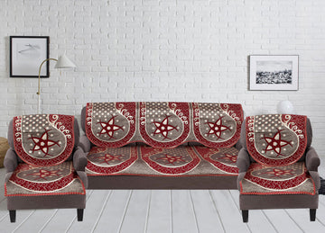 Nendle Damask Design Concept Sofa Set Covers 5 Seater with 80% Cotton & 20% Jute (Maroon, Pack of 6)
